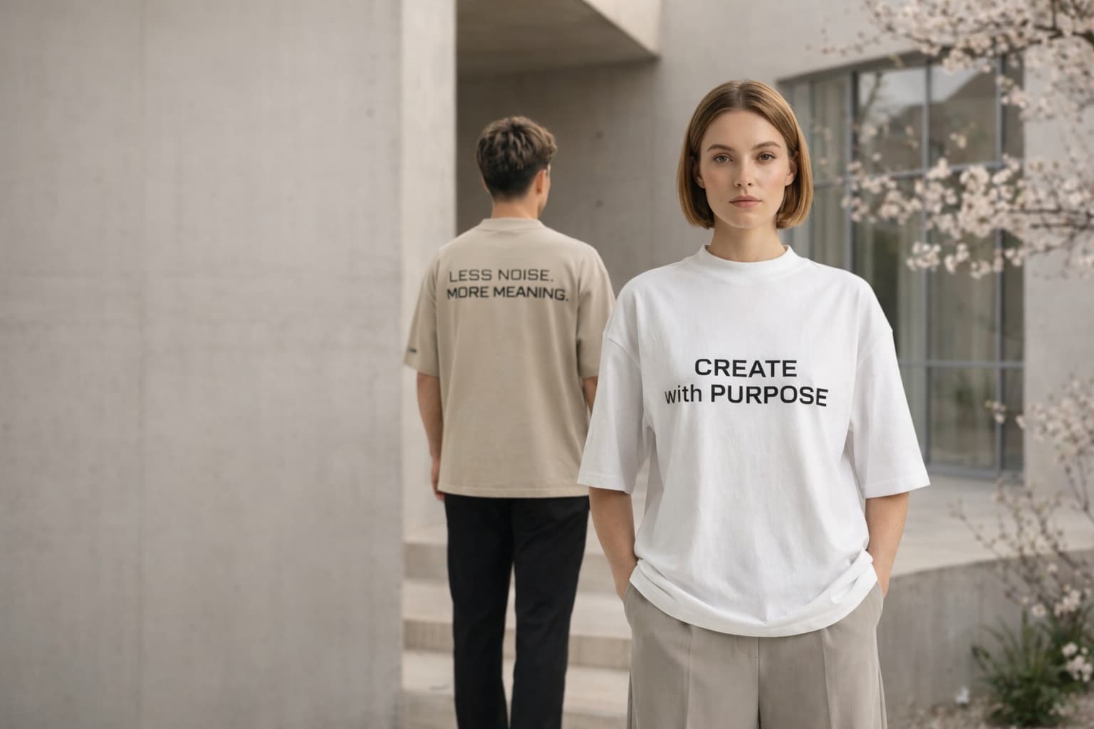 Minimal clothing by The Pixel Wolf featuring “Create with Purpose” and “Less Noise More Meaning” in a clean architectural setting.