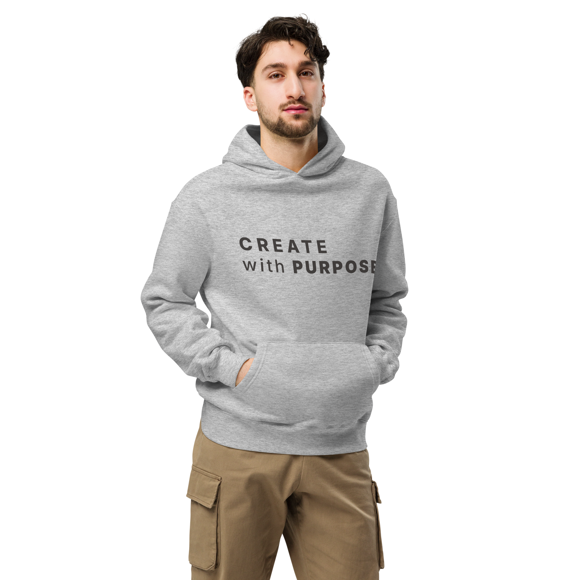 Athletic Heather oversized hoodie worn by man, oversized silhouette with “CREATE with PURPOSE” print