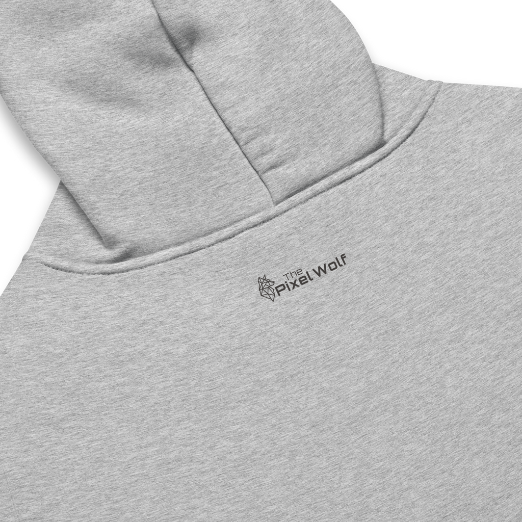 Athletic Heather oversized hoodie back detail with subtle The Pixel Wolf logo print