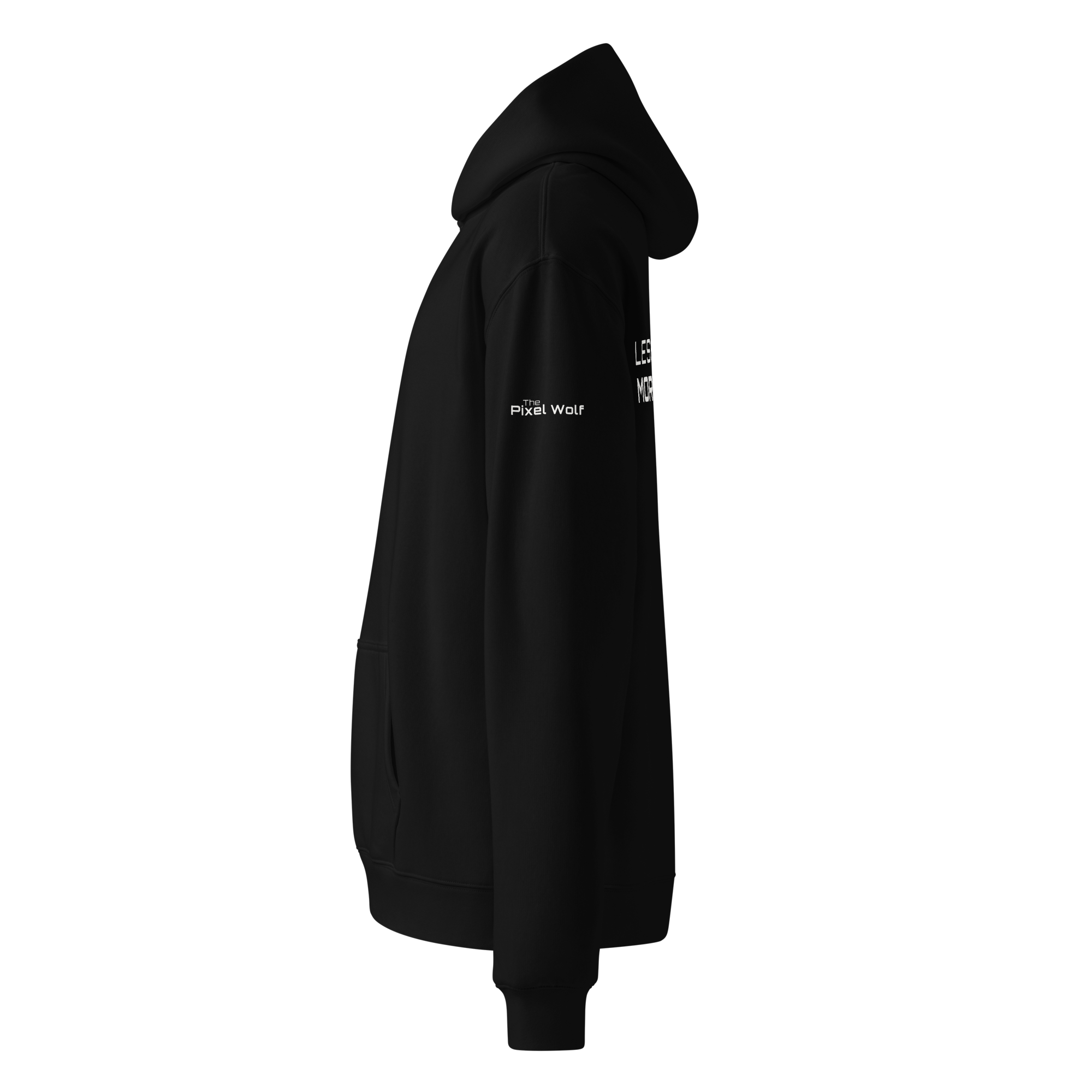 Black oversized hoodie side view with sleeve logo detail – The Pixel Wolf