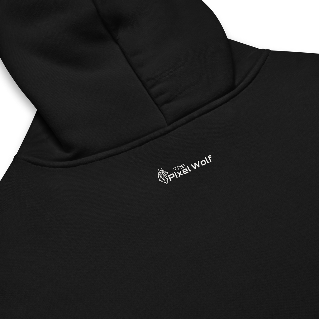 Black oversized hoodie back detail with subtle The Pixel Wolf logo print