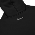 Black oversized hoodie back detail with subtle The Pixel Wolf logo print