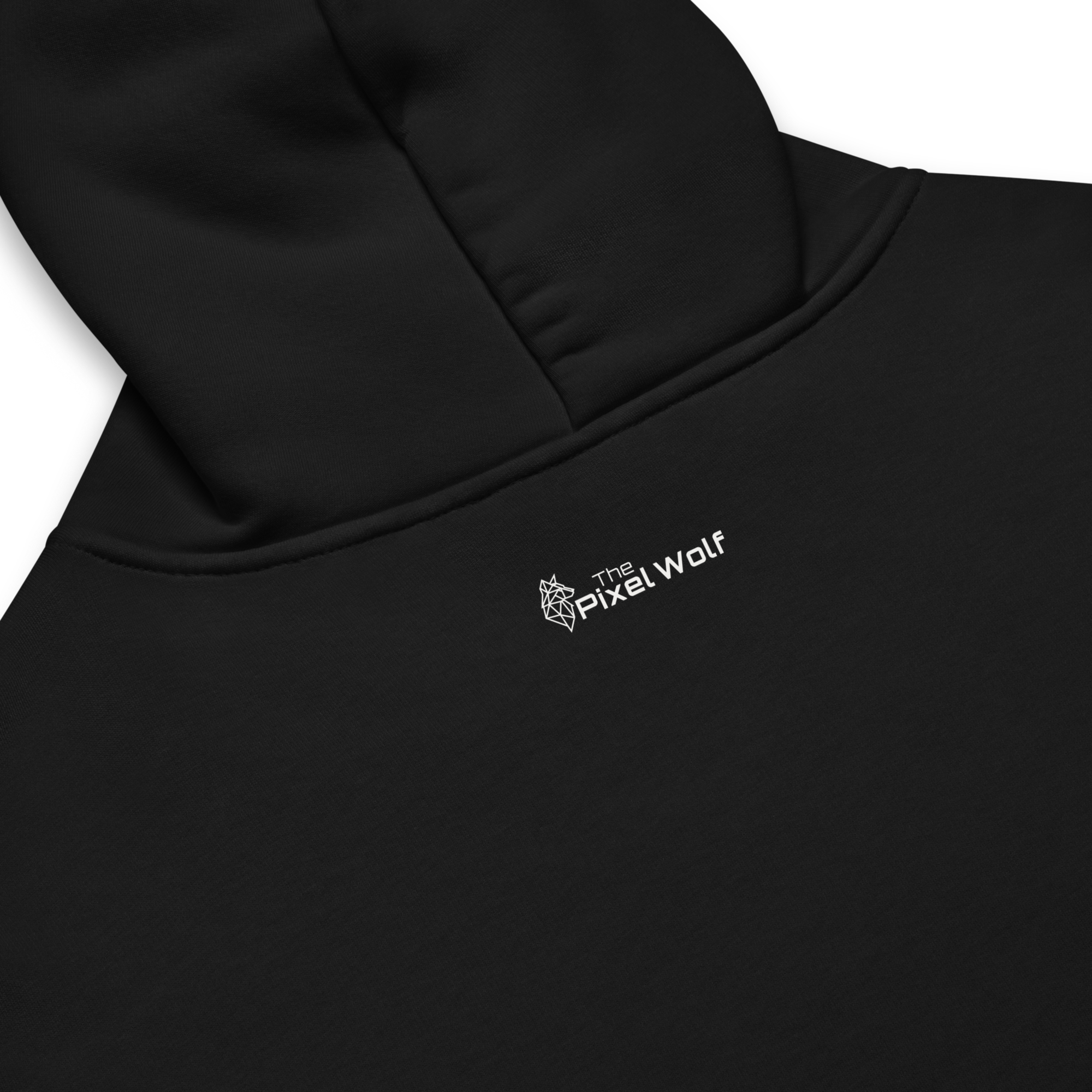 Black oversized hoodie back detail with subtle The Pixel Wolf logo print