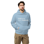 Carolina Blue oversized hoodie worn by man, oversized silhouette with “CREATE with PURPOSE” print