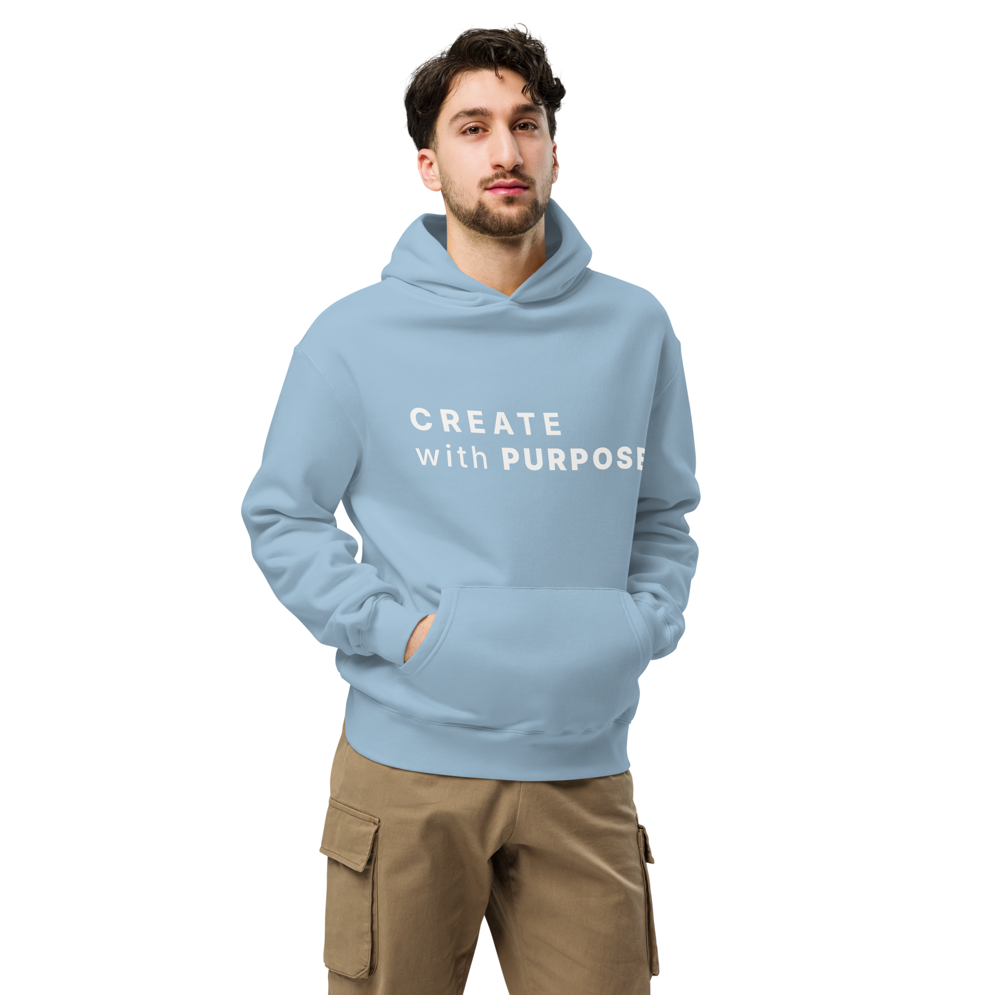 Carolina Blue oversized hoodie worn by man, oversized silhouette with “CREATE with PURPOSE” print