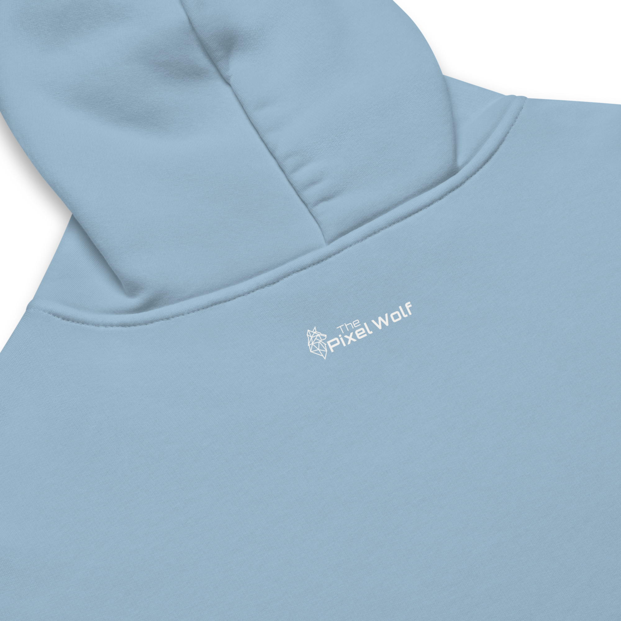 Carolina Blue oversized hoodie back detail with subtle The Pixel Wolf logo print