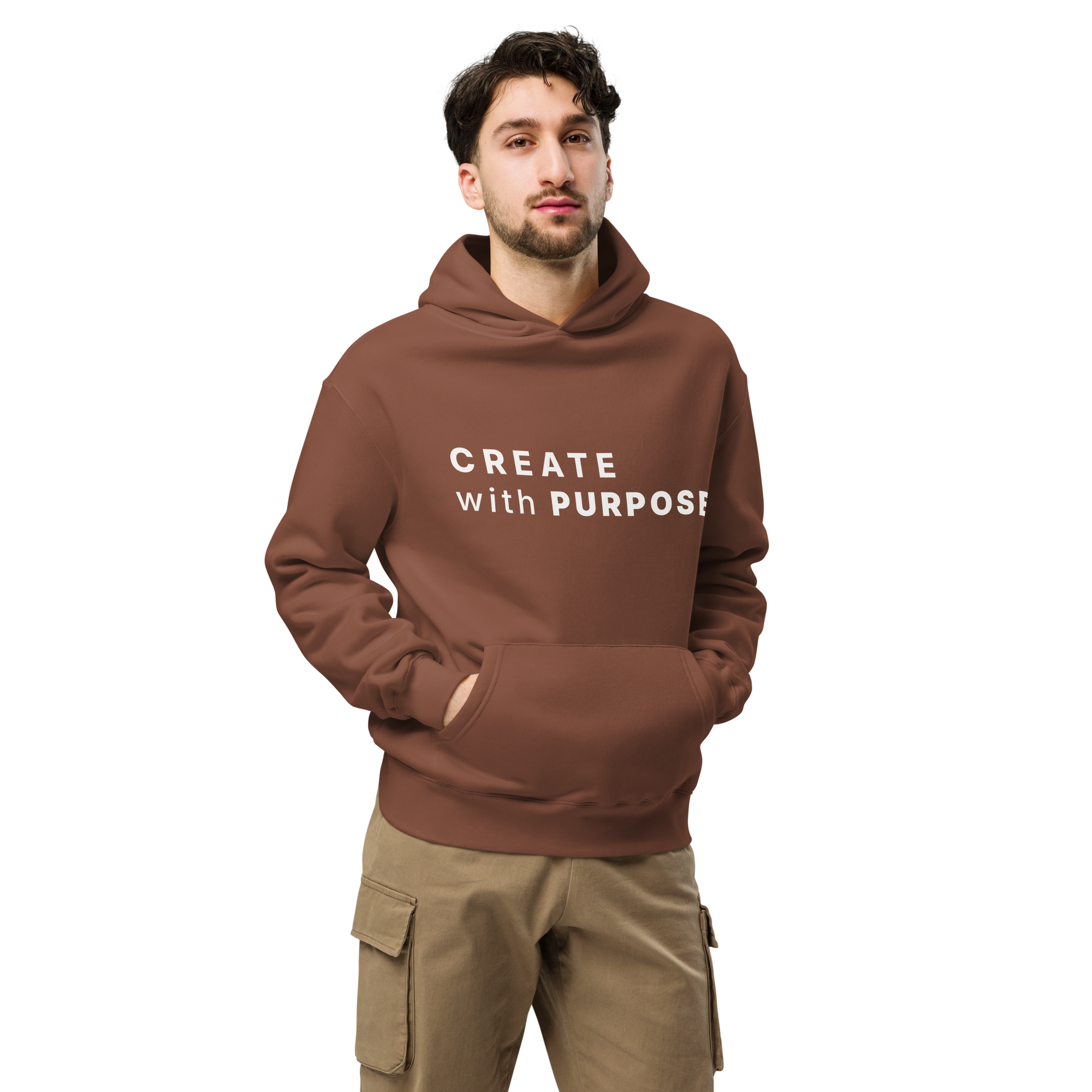 Chestnut oversized hoodie worn by man, oversized silhouette with “CREATE with PURPOSE” print