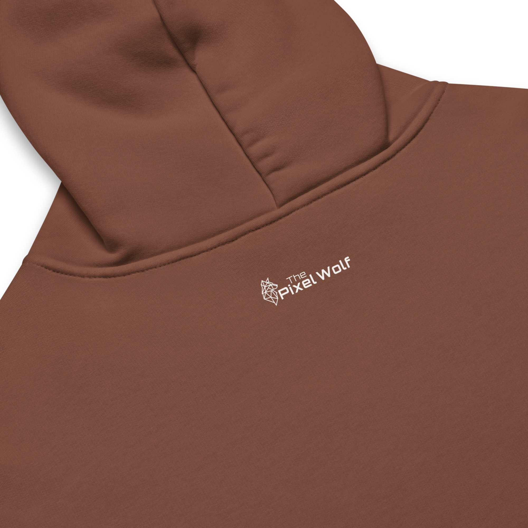 Chestnut oversized hoodie back detail with subtle The Pixel Wolf logo print