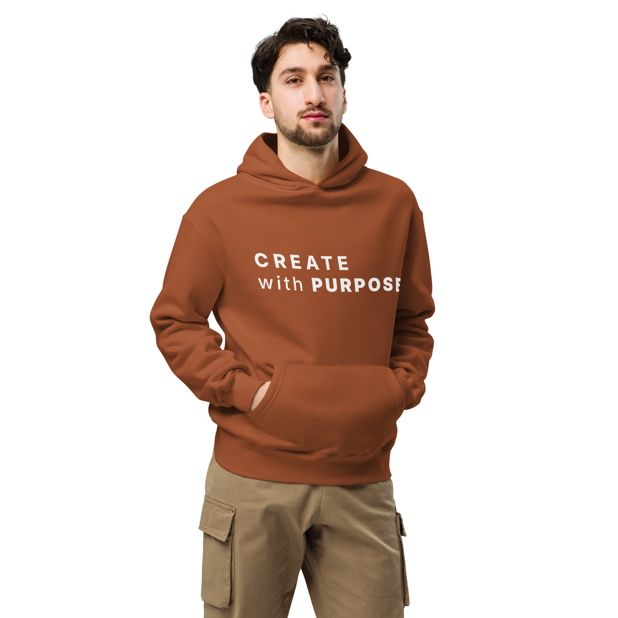 Clay oversized hoodie worn by man, oversized silhouette with “CREATE with PURPOSE” print