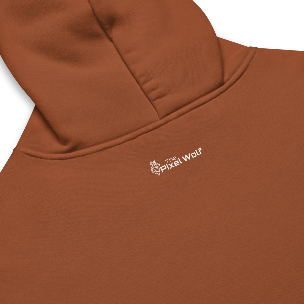 Clay oversized hoodie back detail with subtle The Pixel Wolf logo print