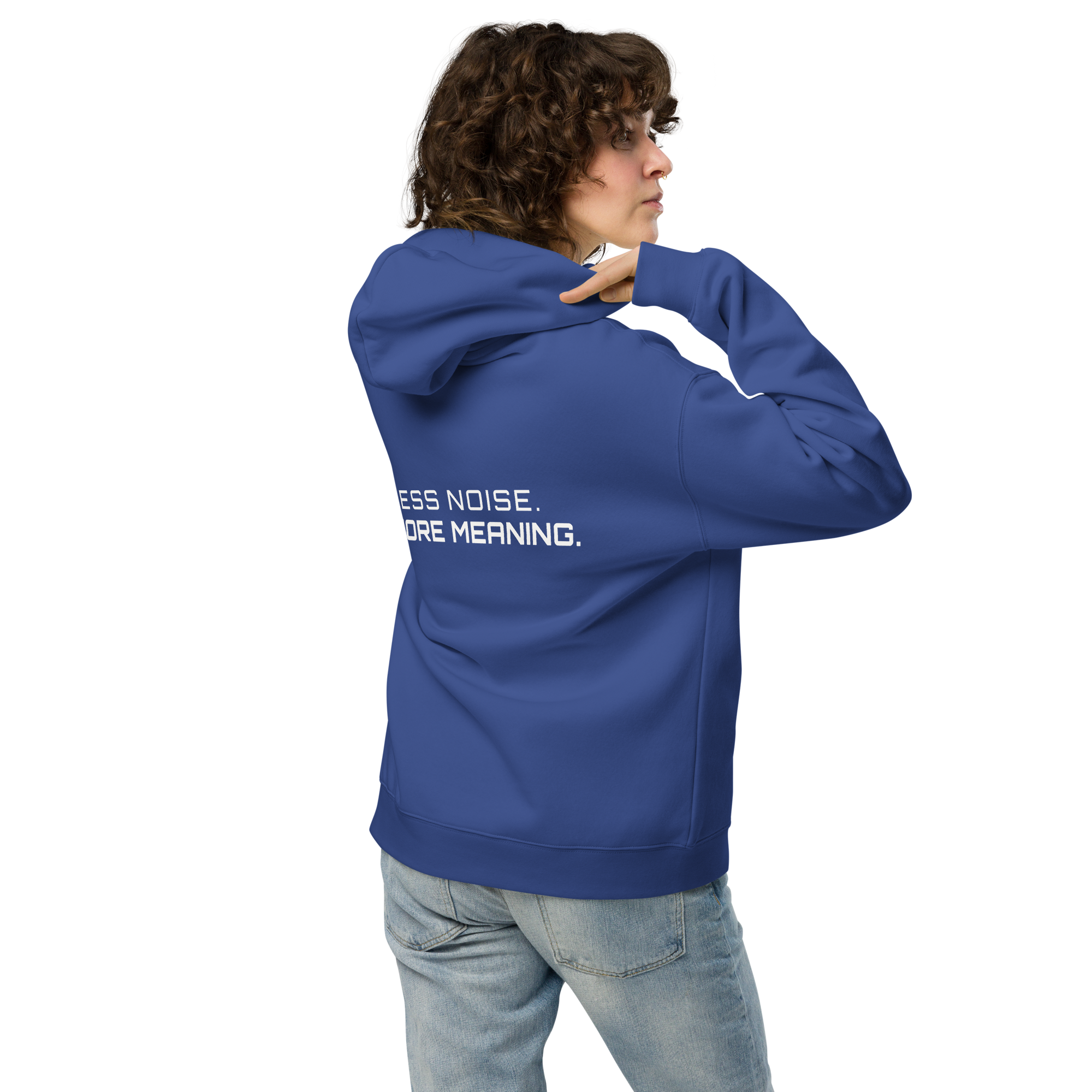 Cobalt oversized hoodie lifestyle back view worn by model – The Pixel Wolf