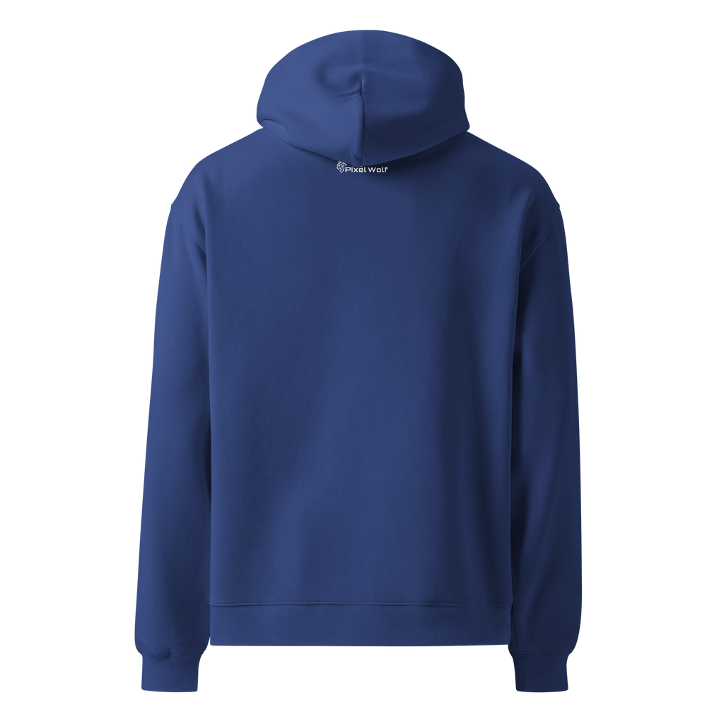 Cobalt oversized hoodie back view with minimalist design