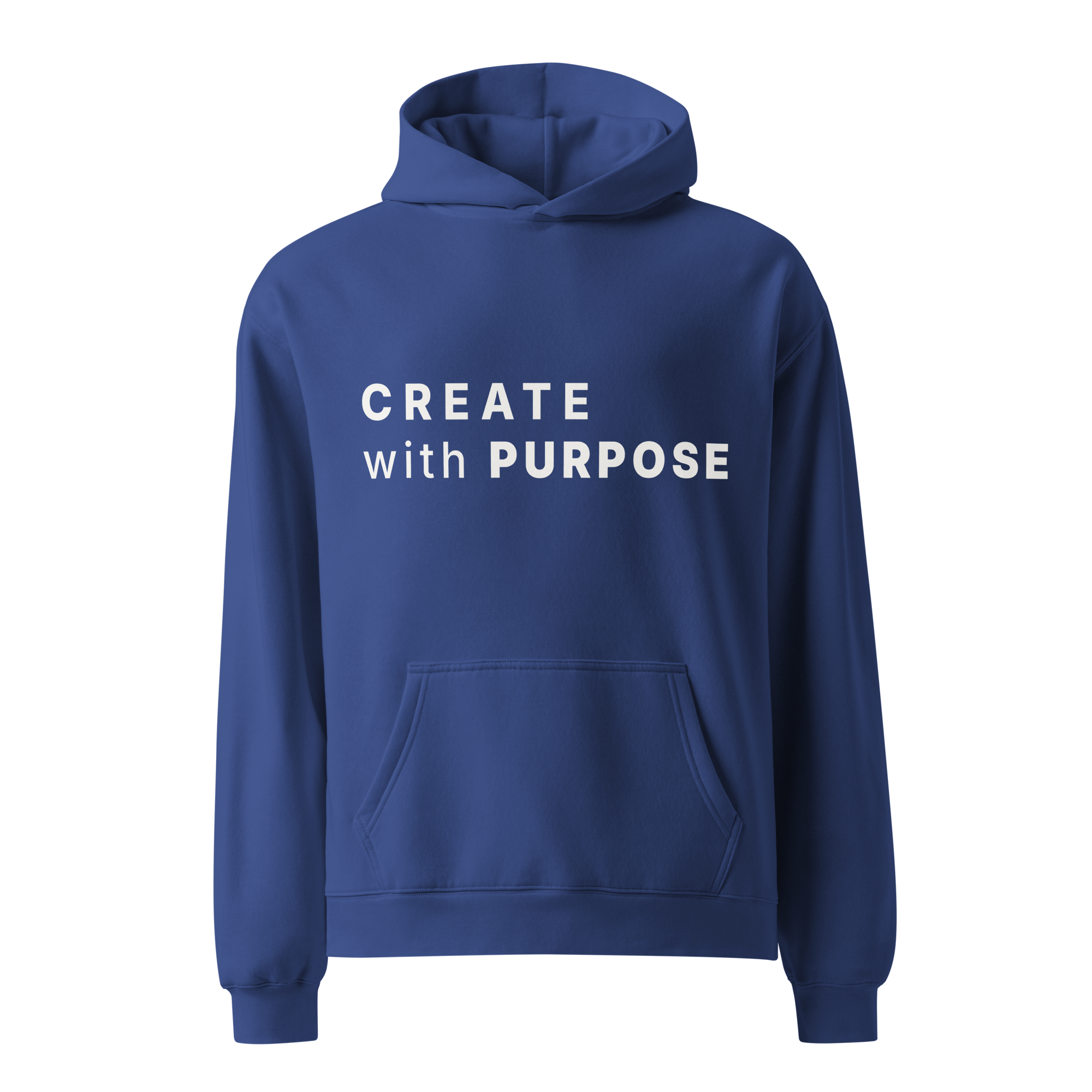 Cobalt oversized hoodie with “CREATE with PURPOSE” printed on the front