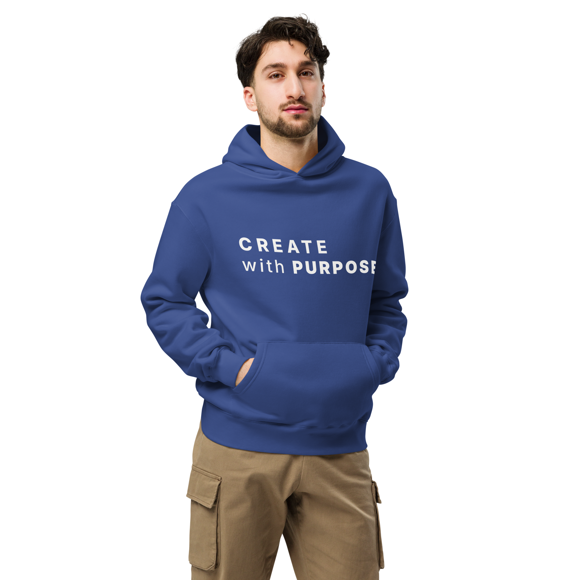 Cobalt oversized hoodie worn by man, oversized silhouette with “CREATE with PURPOSE” print