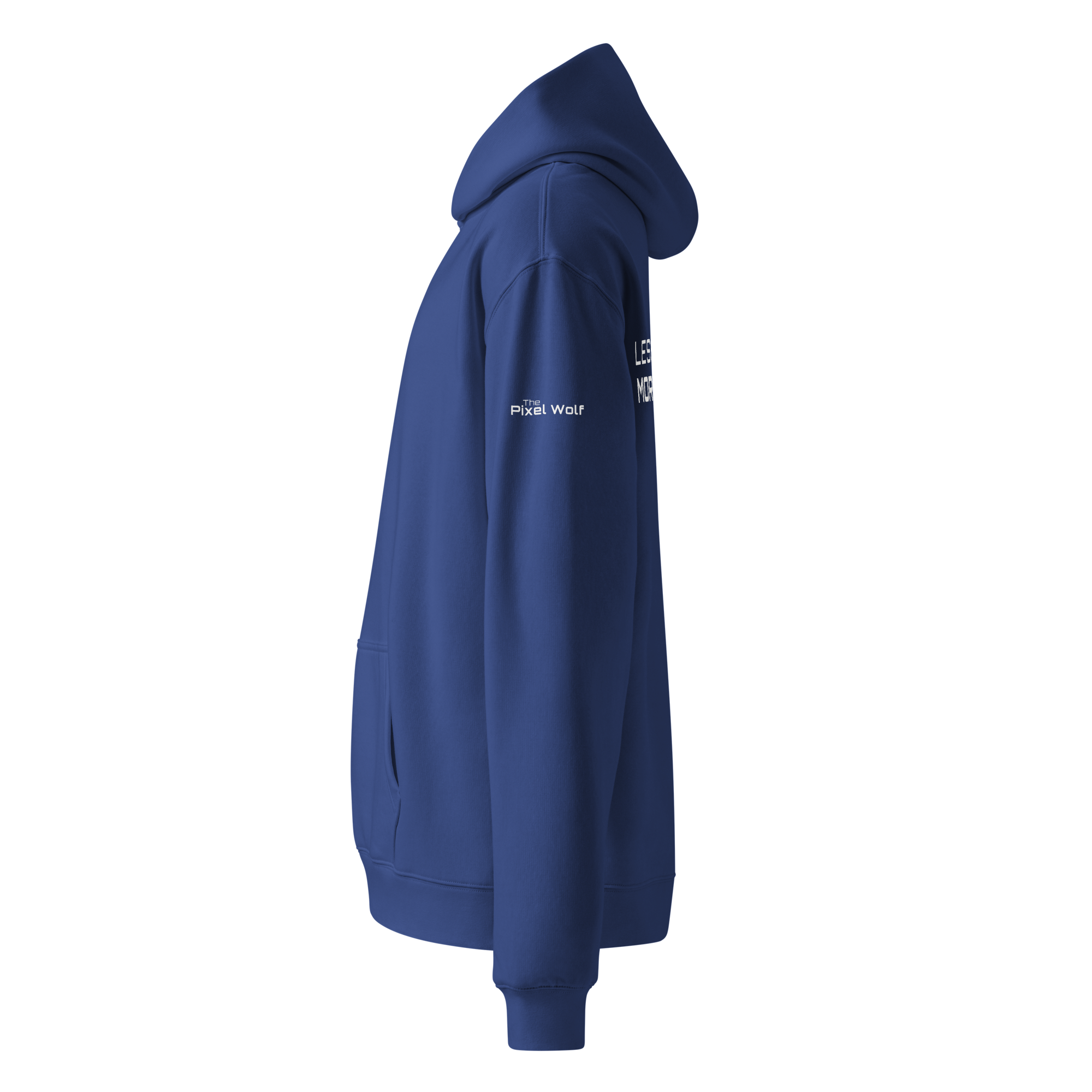 Cobalt oversized hoodie side view with sleeve logo detail – The Pixel Wolf