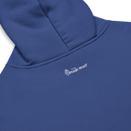 Cobalt oversized hoodie back detail with subtle The Pixel Wolf logo print