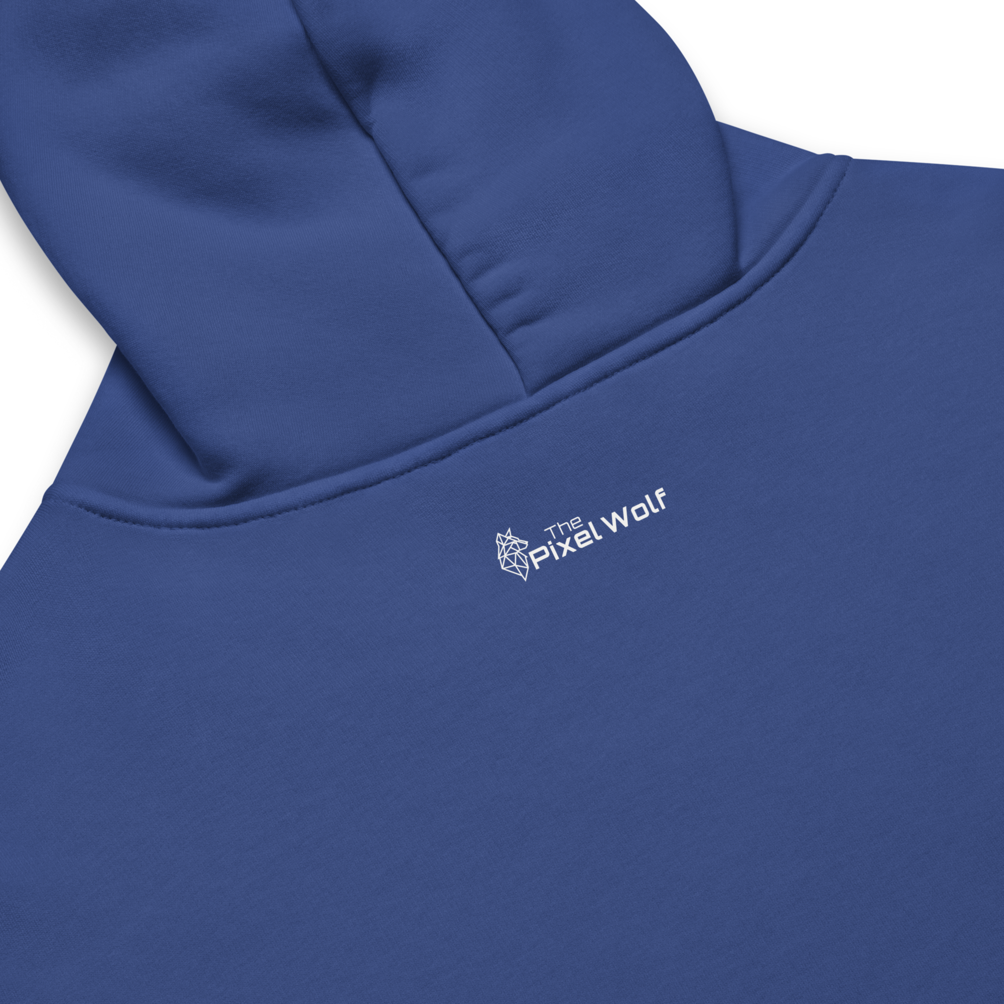 Cobalt oversized hoodie back detail with subtle The Pixel Wolf logo print