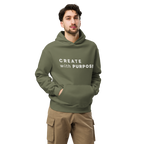 Cypress oversized hoodie worn by man, oversized silhouette with “CREATE with PURPOSE” print