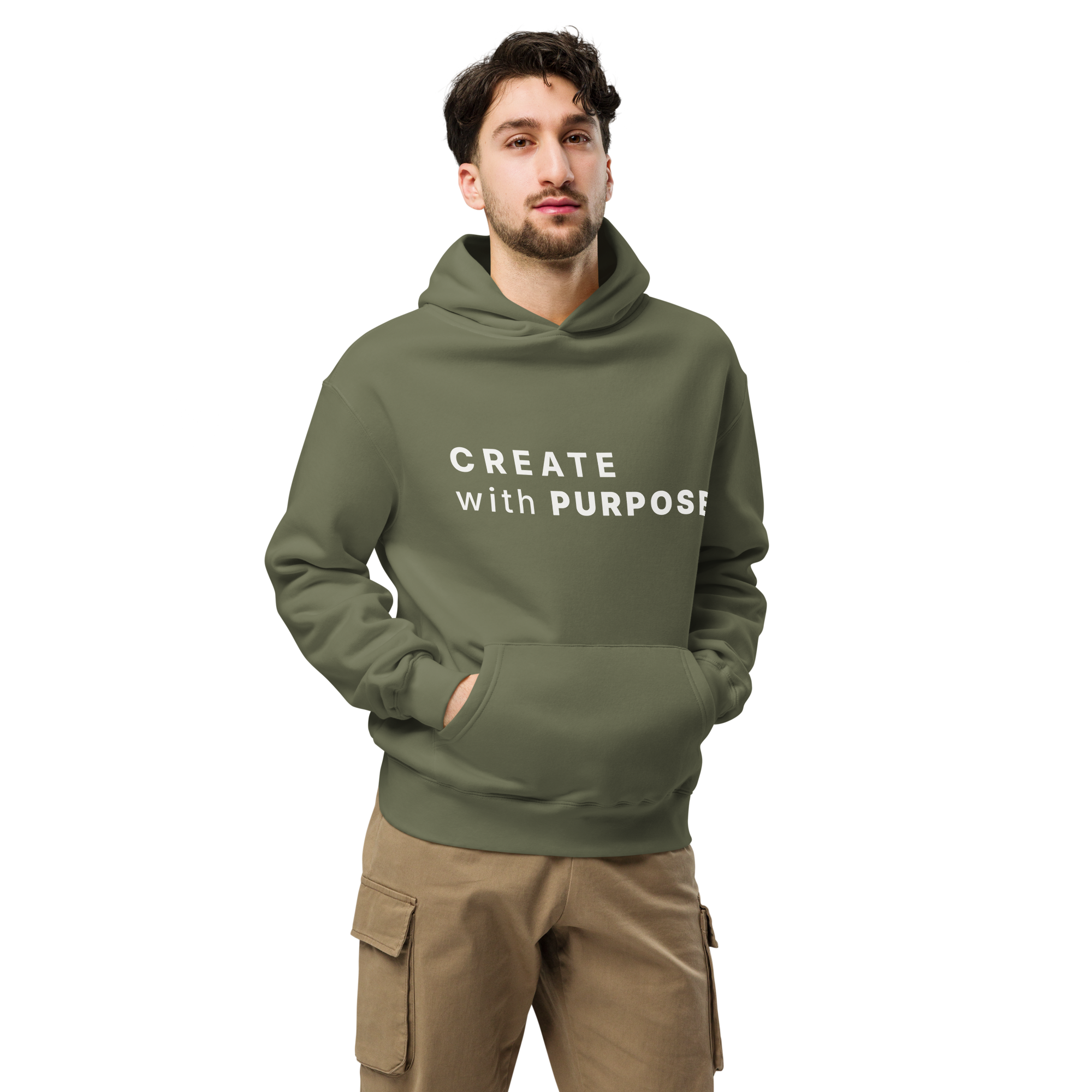 Cypress oversized hoodie worn by man, oversized silhouette with “CREATE with PURPOSE” print