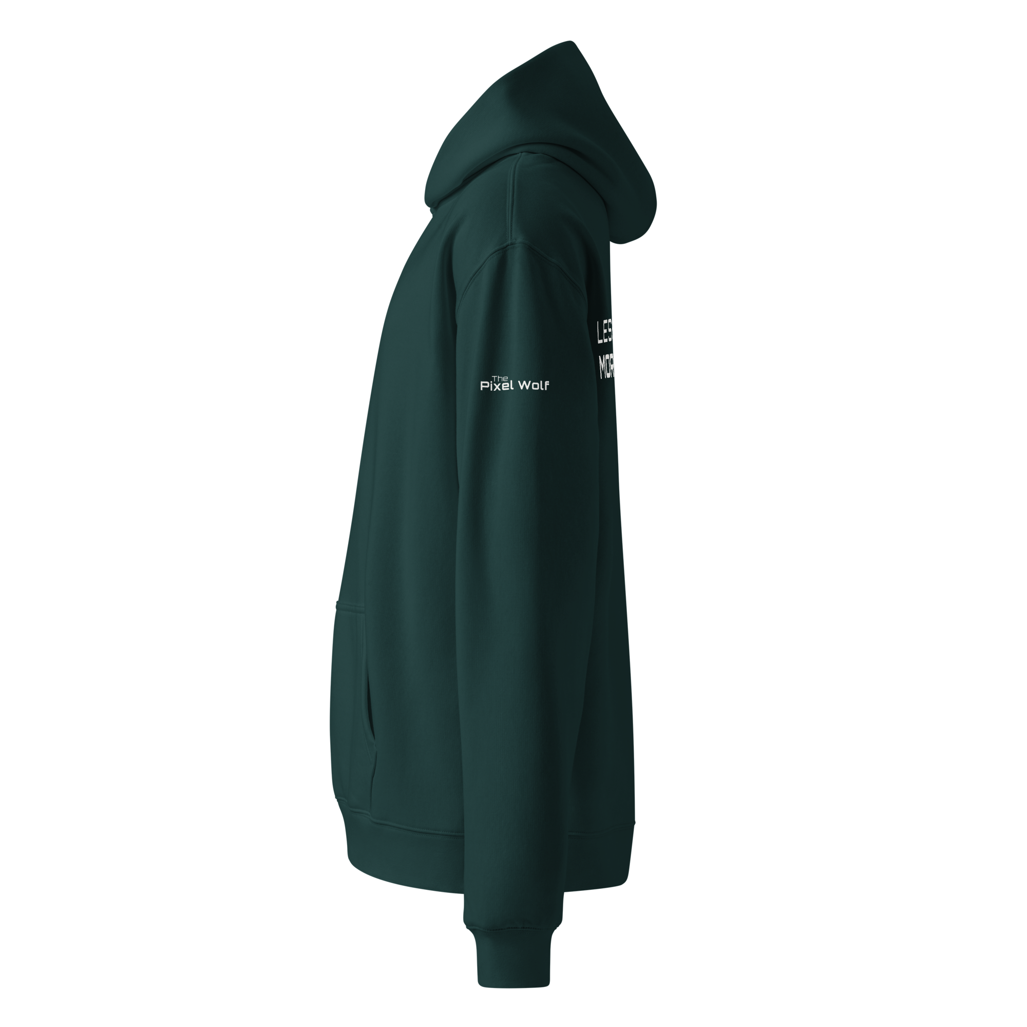 Pine Green oversized hoodie side view with sleeve logo detail – The Pixel Wolf
