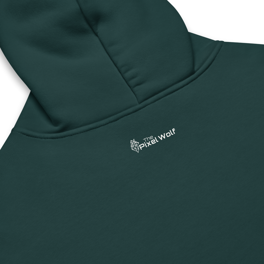 Pine Green oversized hoodie back detail with subtle The Pixel Wolf logo print