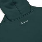 Pine Green oversized hoodie back detail with subtle The Pixel Wolf logo print