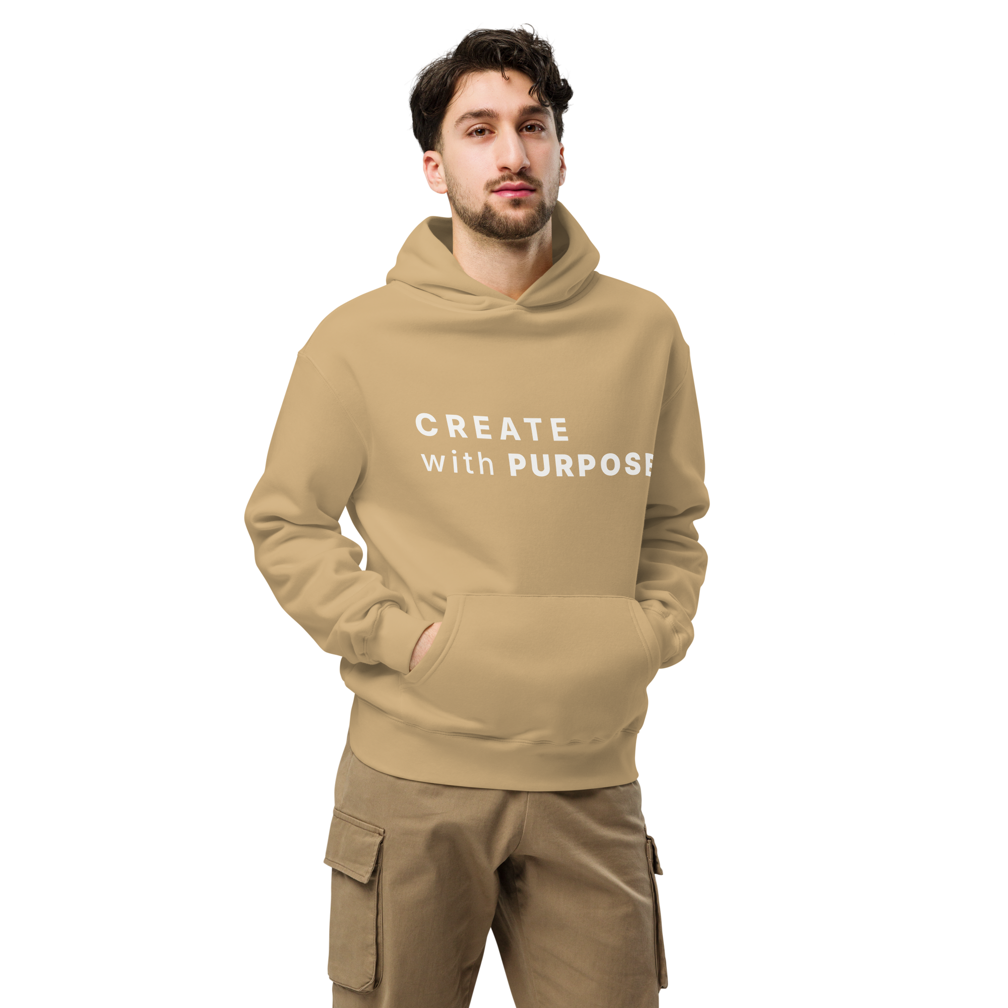 Sand oversized hoodie worn by man, oversized silhouette with “CREATE with PURPOSE” print