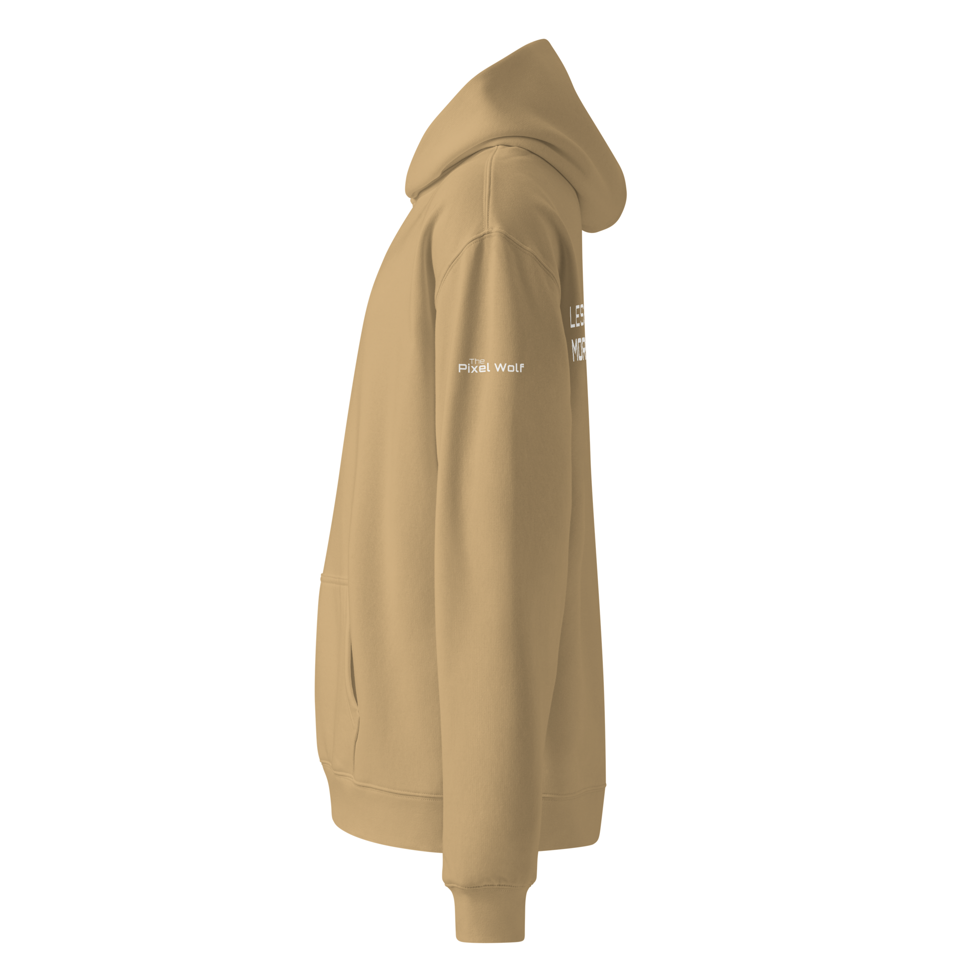 Sand oversized hoodie side view with sleeve logo detail – The Pixel Wolf