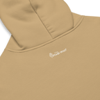 Sand oversized hoodie back detail with subtle The Pixel Wolf logo print
