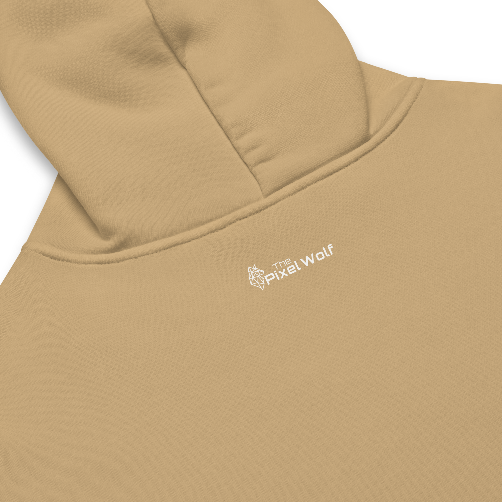 Sand oversized hoodie back detail with subtle The Pixel Wolf logo print