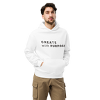 White oversized hoodie worn by man, oversized silhouette with “CREATE with PURPOSE” print
