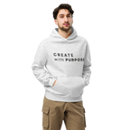 White Heather oversized hoodie worn by man, oversized silhouette with “CREATE with PURPOSE” print