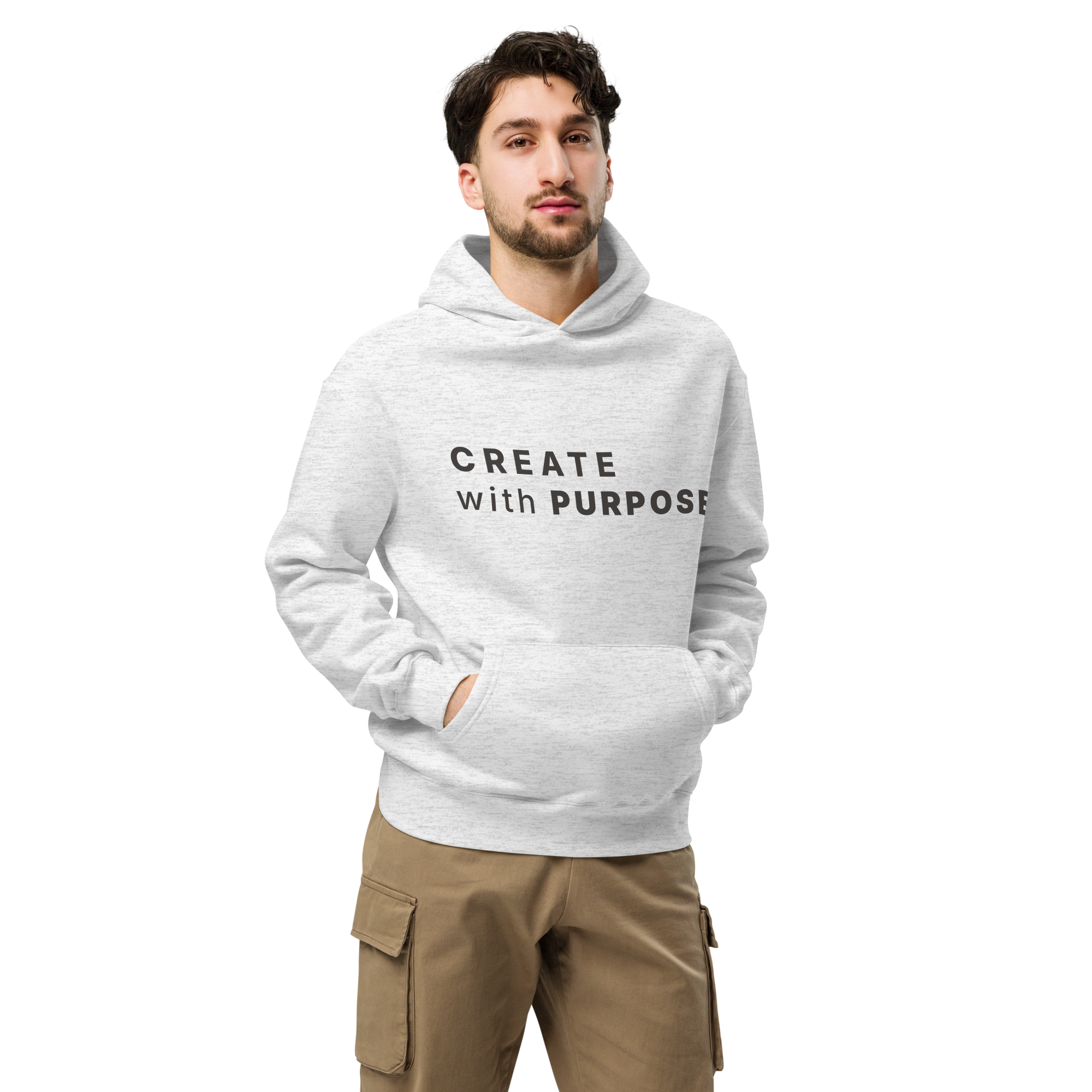White Heather oversized hoodie worn by man, oversized silhouette with “CREATE with PURPOSE” print