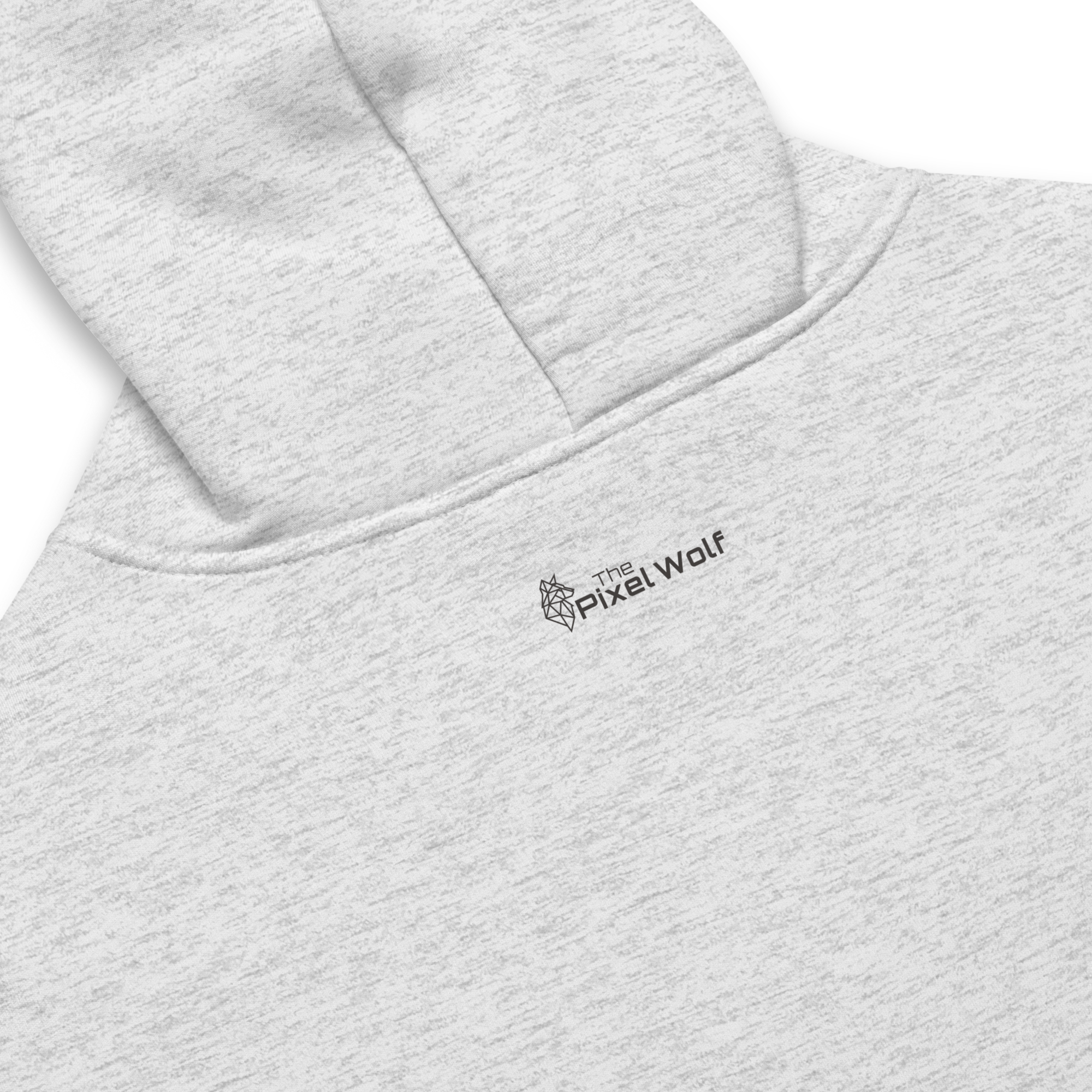 White Heather oversized hoodie back detail with subtle The Pixel Wolf logo print