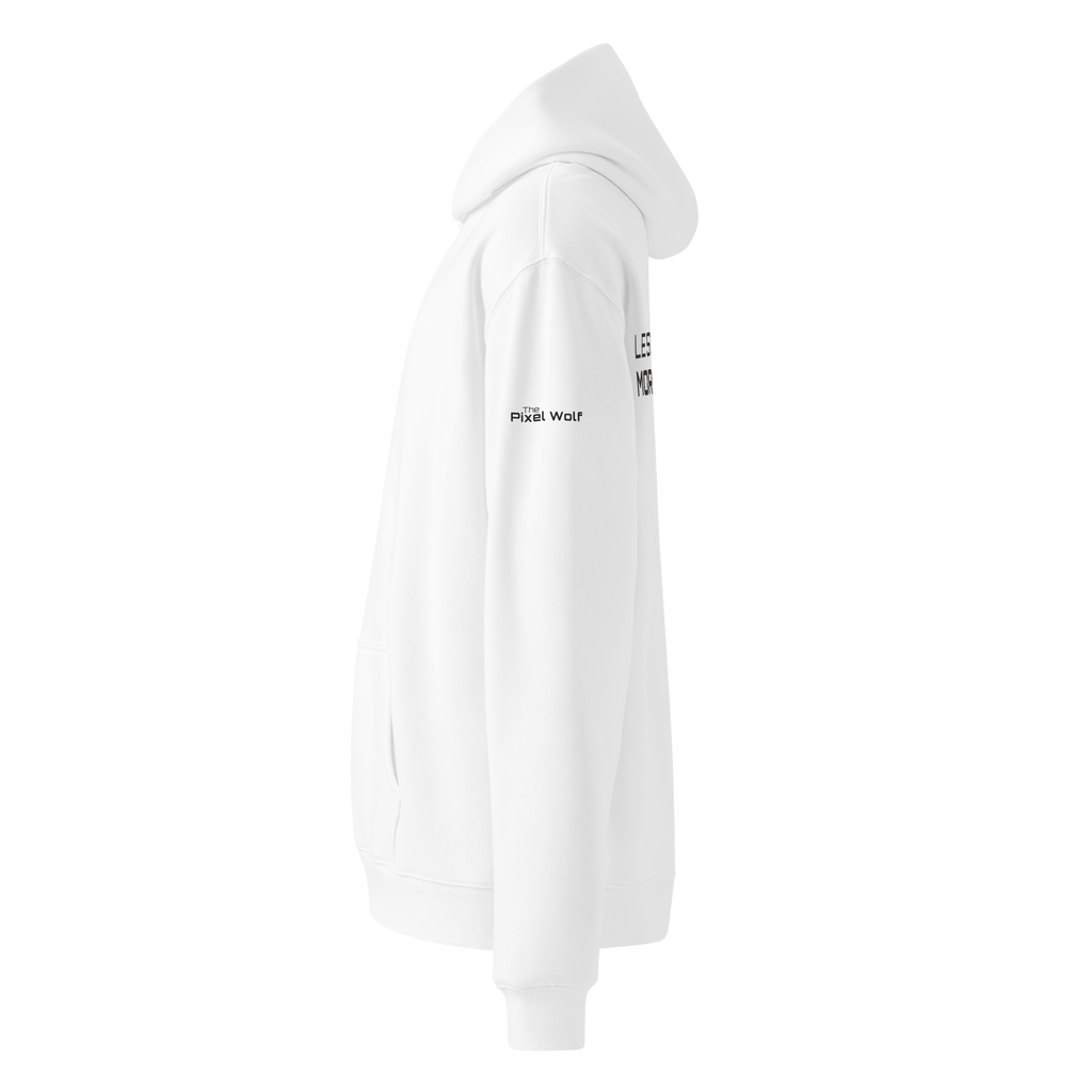 White oversized hoodie side view with sleeve logo detail – The Pixel Wolf