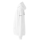 White oversized hoodie side view with sleeve logo detail – The Pixel Wolf