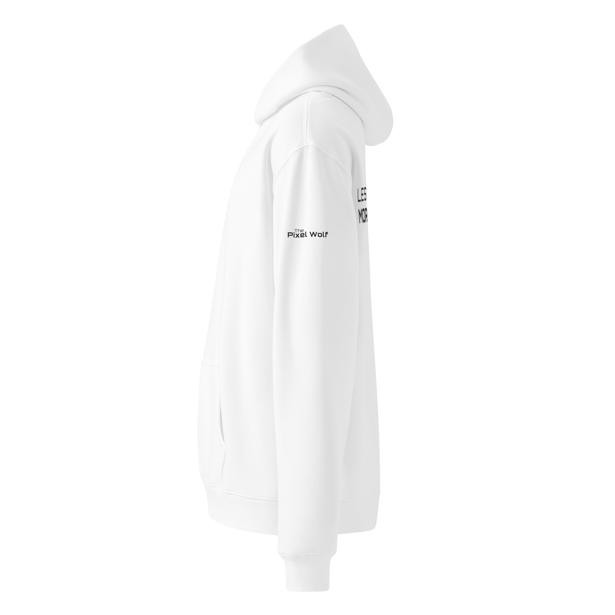 White oversized hoodie side view with sleeve logo detail – The Pixel Wolf