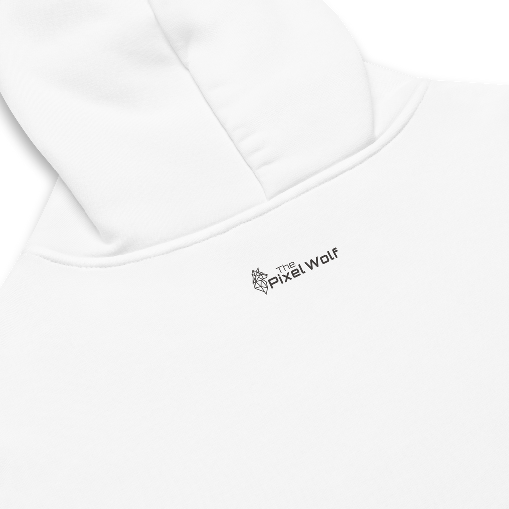White oversized hoodie back detail with subtle The Pixel Wolf logo print