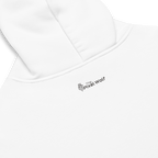 White oversized hoodie back detail with subtle The Pixel Wolf logo print