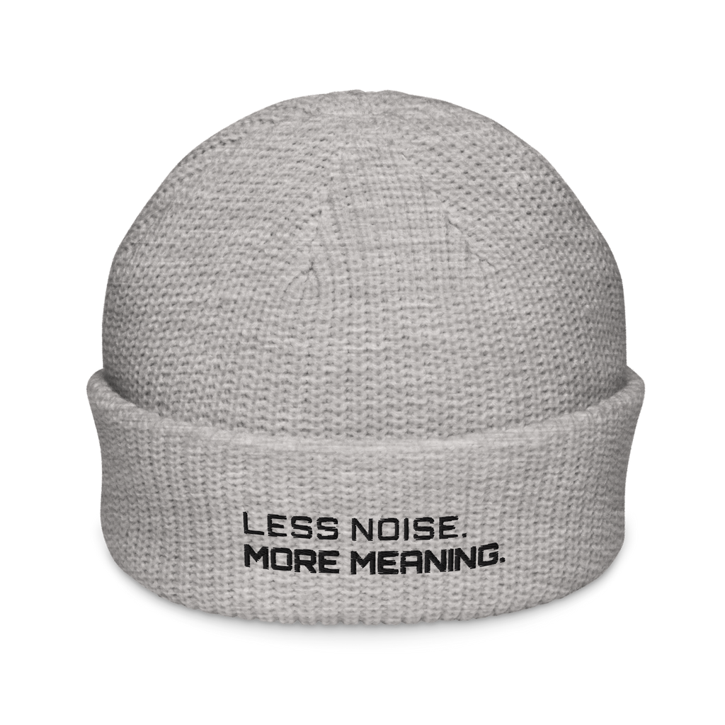Athletic Heather fisherman beanie front view with Less Noise More Meaning embroidery
