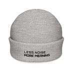 Athletic Heather fisherman beanie front view with Less Noise More Meaning embroidery