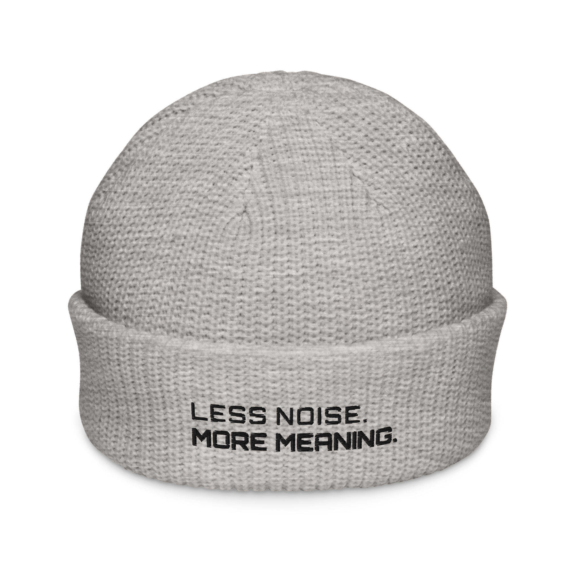 Athletic Heather fisherman beanie front view with Less Noise More Meaning embroidery