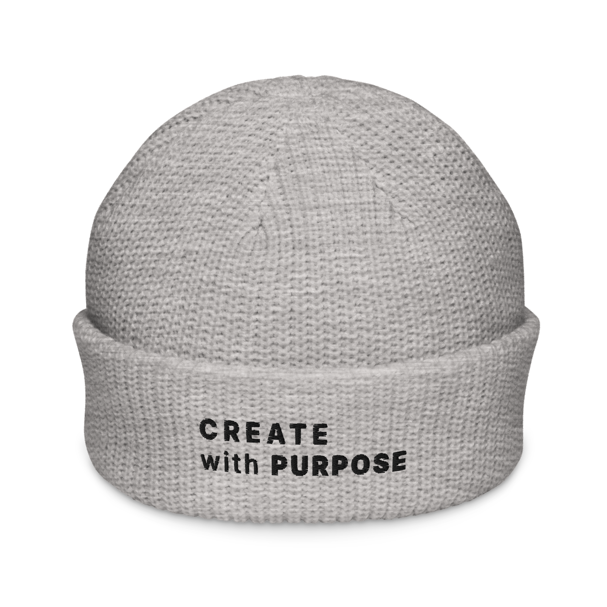 Athletic Heather fisherman beanie front view with embroidered “CREATE WITH PURPOSE” – The Pixel Wolf