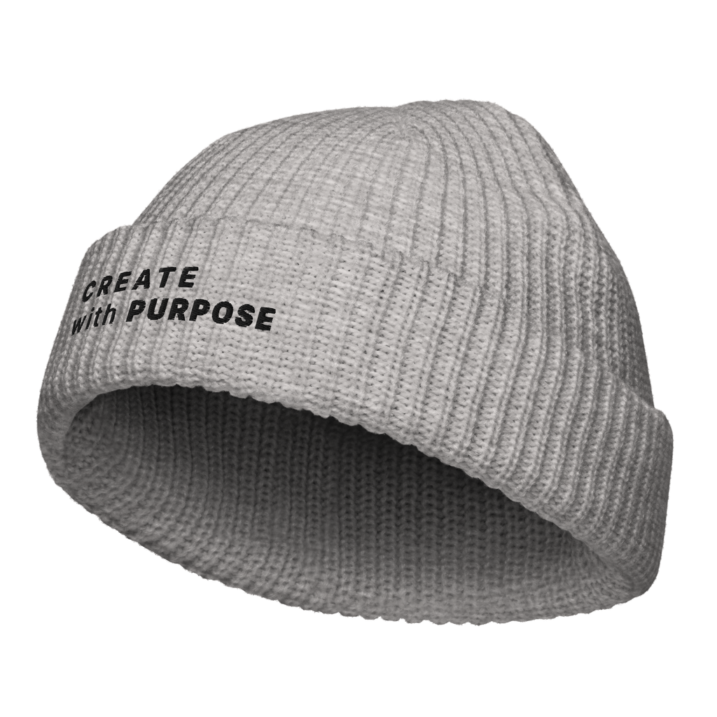 Athletic Heather fisherman beanie angled view with “CREATE WITH PURPOSE” embroidery – The Pixel Wolf