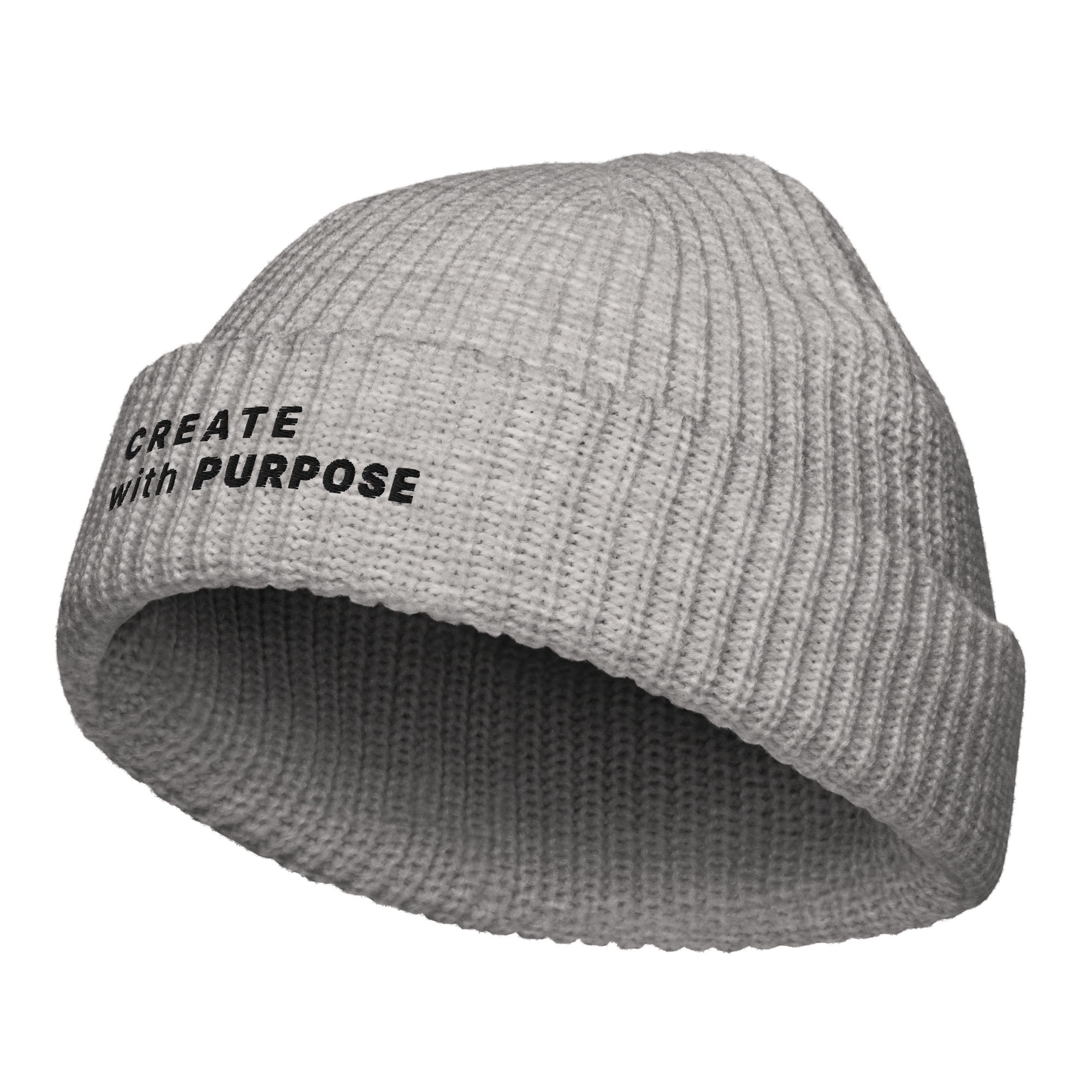 Athletic Heather fisherman beanie angled view with “CREATE WITH PURPOSE” embroidery – The Pixel Wolf