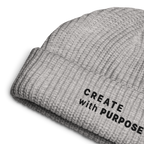 Athletic Heather ribbed knit fisherman beanie detail showing “CREATE WITH PURPOSE” embroidery – The Pixel Wolf