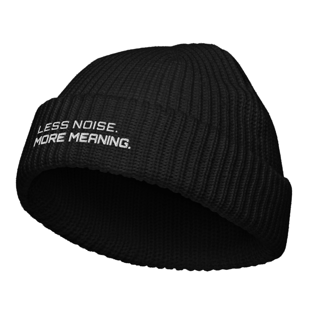 Black fisherman beanie angled view showing ribbed knit texture