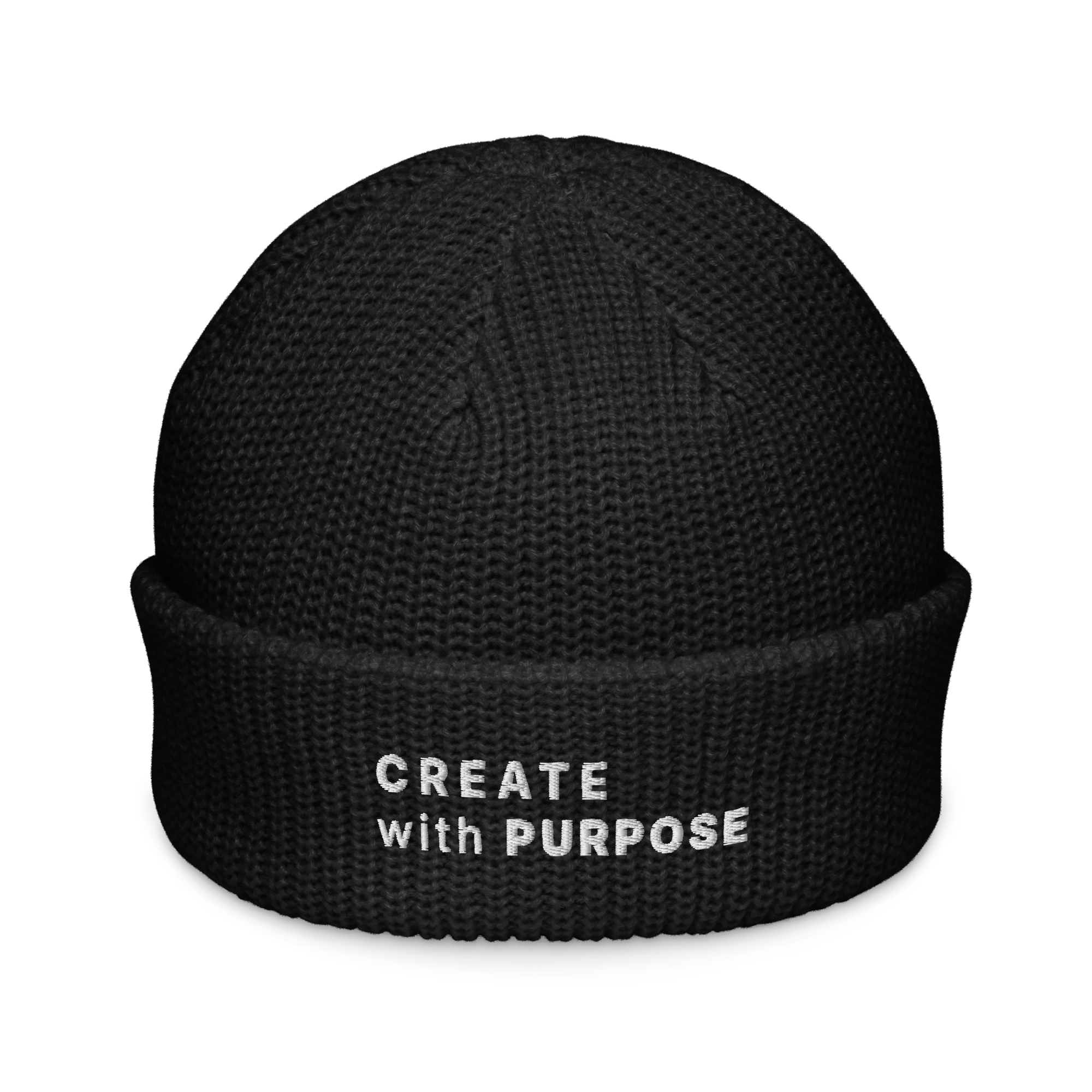 Black fisherman beanie front view with embroidered “CREATE WITH PURPOSE” – The Pixel Wolf