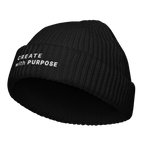 Black fisherman beanie angled view with “CREATE WITH PURPOSE” embroidery – The Pixel Wolf