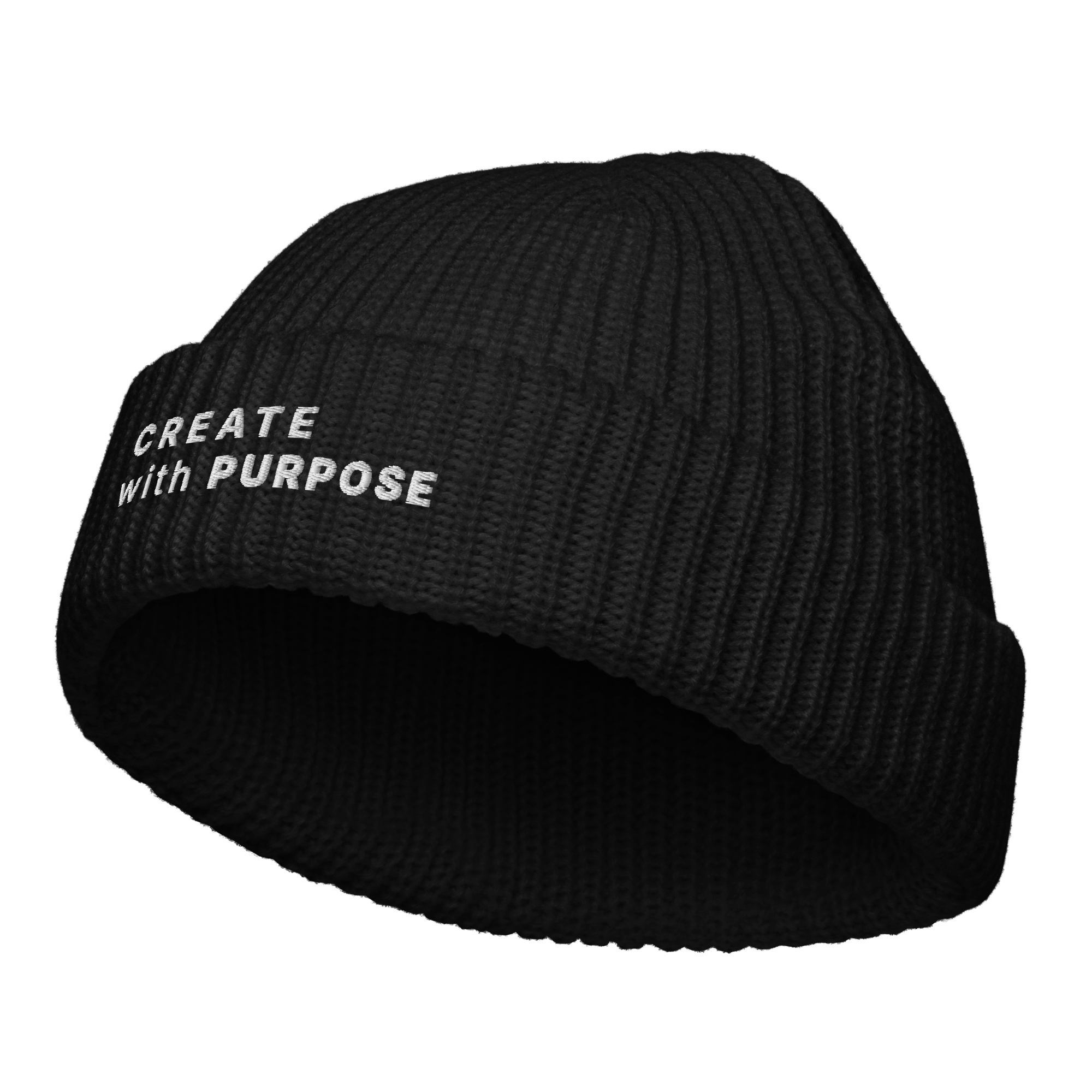 Black fisherman beanie angled view with “CREATE WITH PURPOSE” embroidery – The Pixel Wolf